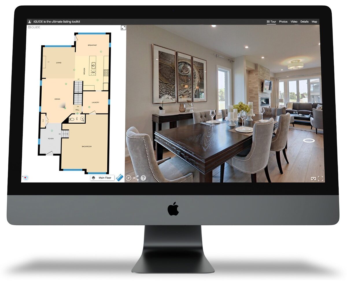 image of a computer monitor showing a 2d interactive floor plan with a 3d virtual tour