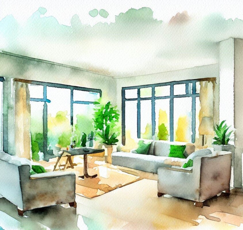 watercolor image of a staged living room with green plants - getting your house ready for a photoshoot and for the market 