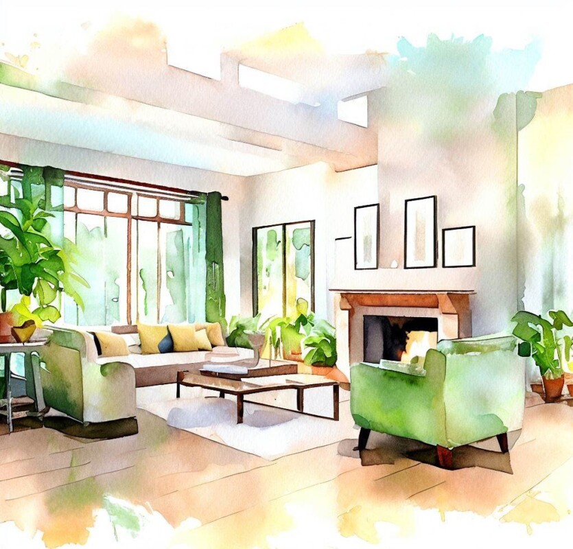 watercolor painting of a staged living room with an open floor plan a couch with 2 chairs a fireplace large windows and 2 green plants - here are 6 tips to stage your living room effectively
