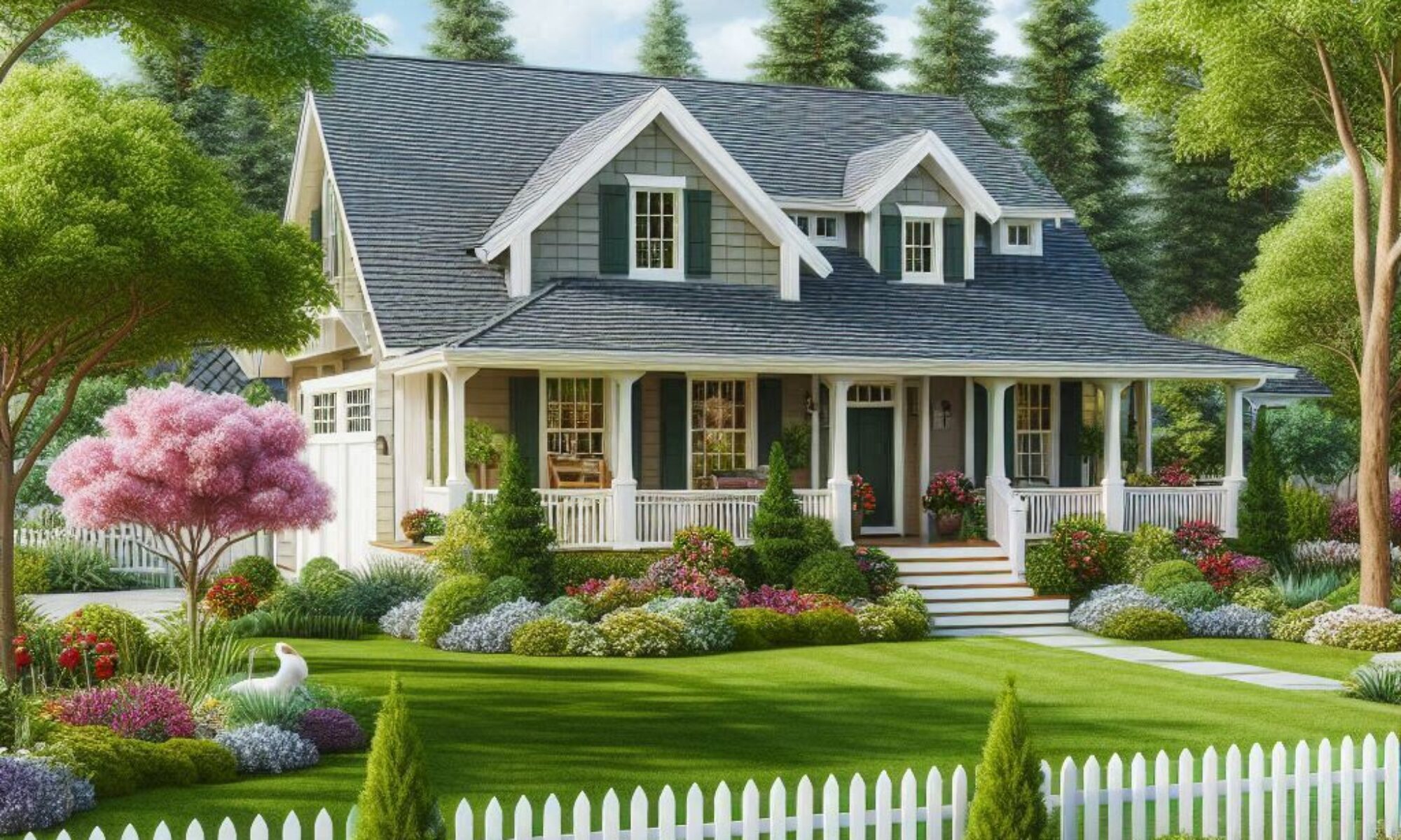 A suburban home with lush lawn, flower beds, trees, and a white picket fence